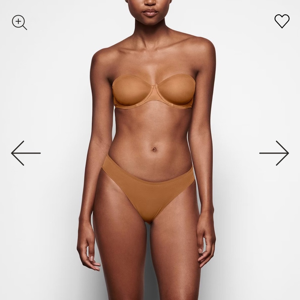 SKIMS Strapless Underwire Bra and High-Cut Briefs in Caramel Tan